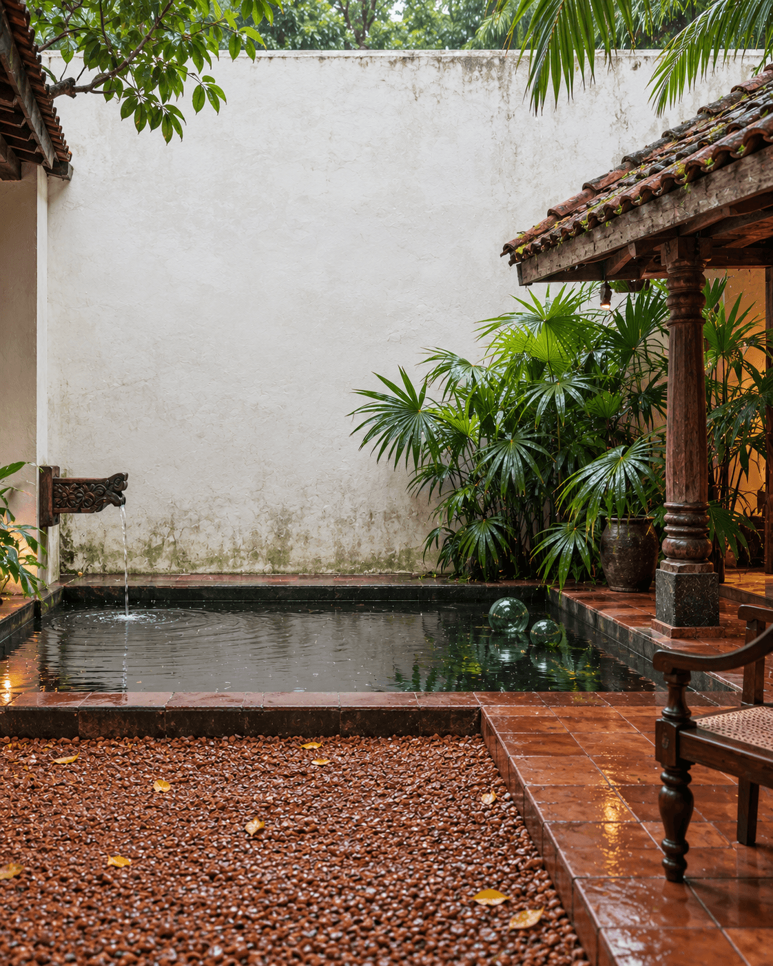 A walled courtyard with a still pond and a little spout, a carved teak pillar under a tiled roof, palms and a cane chair.