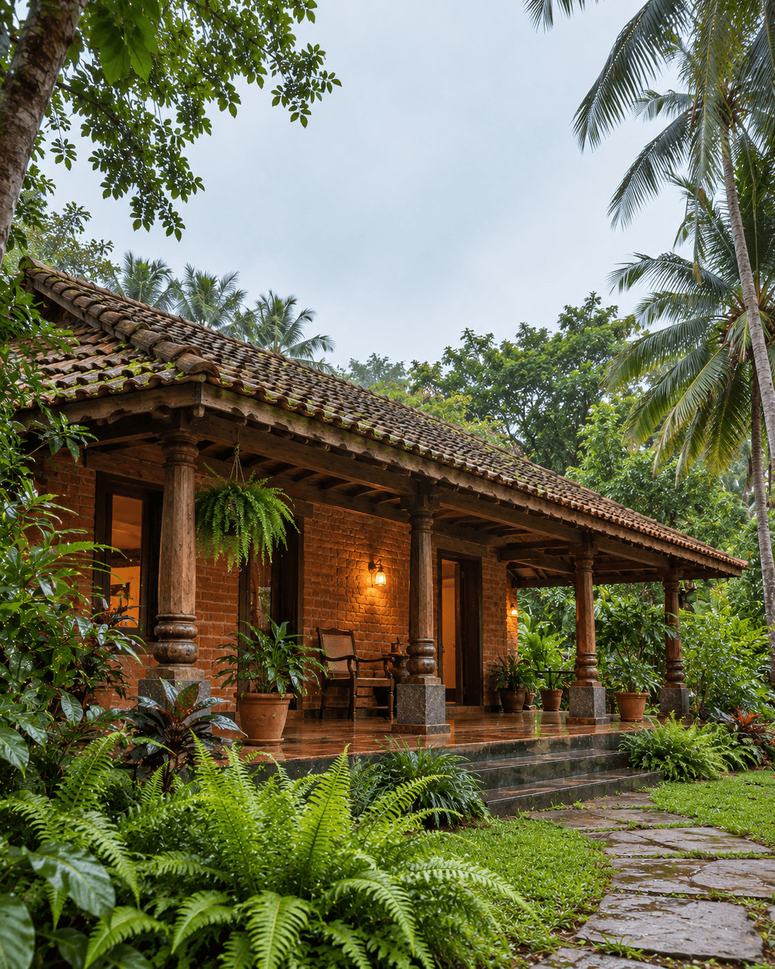 A brick cottage with a tiled roof and teak pillars, set among ferns and coconut palms on a misty day.